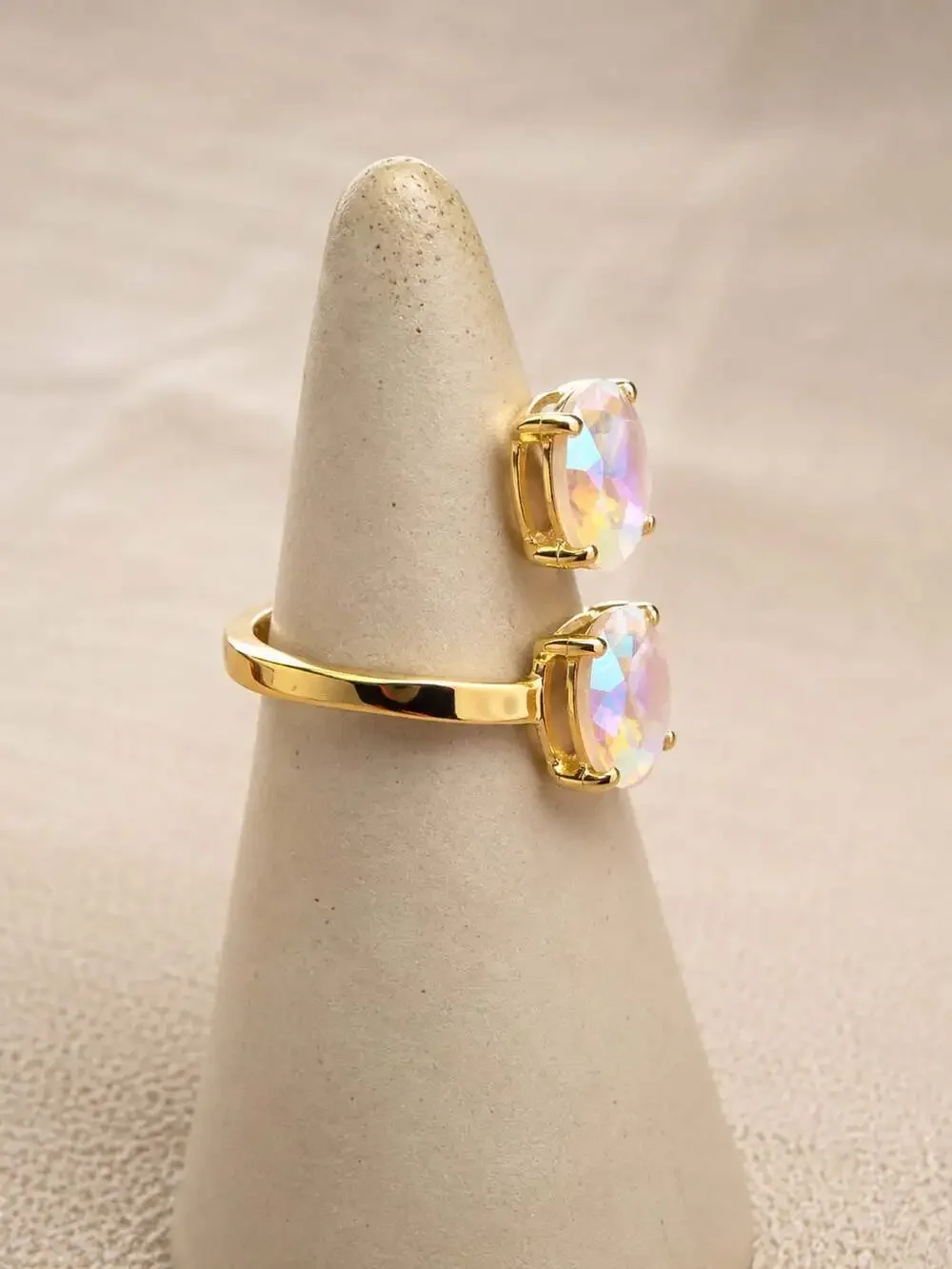 Iridescent Double Stone Statement Ring Gold Plated Stainless Steel Size 7